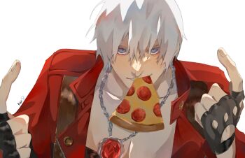 1boy beckoning black_gloves blue_eyes chain chain_necklace coat commentary dante_(devil_may_cry) devil_may_cry devil_may_cry_(series) devil_may_cry_3 english_commentary fingerless_gloves food food_in_mouth gem gloves grin hair_between_eyes highres hitode0x3 jewelry leather_coat looking_at_viewer male_focus necklace pizza pizza_slice red_coat short_hair silver_necklace simple_background smile solo topless_male white_background white_hair