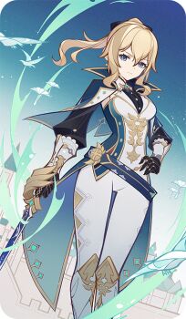 1girl bad_source bird blonde_hair blue_eyes closed_mouth dandelion floating_hair flower gauntlets genshin_impact hair_between_eyes hand_on_own_hip holding holding_sword holding_weapon jean_(genshin_impact) jean_(gunnhildr's_legacy)_(genshin_impact) long_sleeves looking_at_viewer medium_hair official_alternate_costume official_art pants solo standing sword v-shaped_eyebrows weapon white_pants