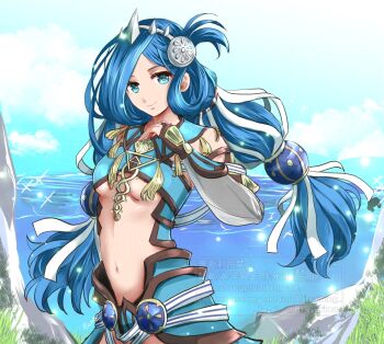 1girl blue_eyes blue_hair breasts crown dana_iclucia detached_sleeves english_text floating_hair hair_ornament long_hair looking_at_viewer mizss navel open_mouth outdoors parted_bangs ribbon small_breasts smile solo stomach twintails underboob upper_body very_long_hair watermark ys ys_viii:_lacrimosa_of_dana