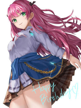 >:) 1girl absurdres aikawa_megumi black_ribbon blue_jacket breasts brown_skirt closed_mouth clothes_around_waist clothes_lift collared_shirt commentary_request cowboy_shot dress_shirt dutch_angle eyelashes eyes_visible_through_hair fingernails floating_hair from_below glint green_eyes hair_between_eyes hair_ribbon happy_birthday heart heaven_burns_red highres jacket jacket_around_waist large_breasts long_hair long_sleeves looking_at_viewer miniskirt pink_hair plaid_clothes plaid_skirt pleated_skirt ribbon shirt simple_background skirt skirt_lift smile solo thighs two_side_up upskirt v-shaped_eyebrows very_long_hair white_background white_shirt wind wind_lift yu422yu