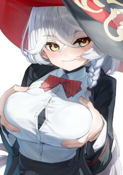 >:) 1girl absurdres black_hat black_robe black_skirt blue_archive blush bow bowtie braid breasts button_gap buttons closed_mouth collared_shirt commentary crossed_bangs diagonal-striped_bow diagonal-striped_bowtie diagonal-striped_clothes dress_shirt eri_(blue_archive) eyelashes grabbing_own_breast grey_hair hair_between_eyes halo hands_up hat highres large_breasts long_hair long_sleeves looking_at_viewer naughty_face open_clothes open_robe pleated_skirt presenting_breasts red_bow red_bowtie robe school_uniform shirt simple_background single_braid skirt smile smug solo striped_bow striped_bowtie striped_clothes takusaku upper_body v-shaped_eyebrows very_long_hair white_background white_shirt wide_sleeves witch_hat yellow_eyes yellow_halo