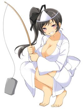 1girl aria_(senran_kagura) barefoot black_hair black_ribbon breasts cleavage collarbone feet fishing_rod ghost_costume grin hair_ribbon headband high_side_ponytail holding holding_fishing_rod japanese_clothes kimono large_breasts long_hair long_sleeves looking_at_viewer naked_robe official_alternate_costume official_art purple_eyes ribbon robe senran_kagura senran_kagura_new_wave simple_background smile solo sponge squatting toes triangular_headpiece white_background white_headband white_kimono white_robe