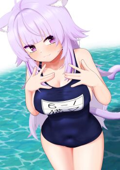 1girl :3 absurdres ahoge animal_ear_fluff animal_ears bare_arms bare_legs bare_shoulders blue_one-piece_swimsuit breasts cat_ears cat_girl cat_tail cleavage collarbone commentary_request covered_navel cowboy_shot hands_on_own_chest happyundergate highres hololive large_breasts light_blush long_hair looking_at_viewer name_tag nekomata_okayu old_school_swimsuit one-piece_swimsuit purple_eyes purple_hair school_swimsuit smile swimsuit tail very_long_hair virtual_youtuber water