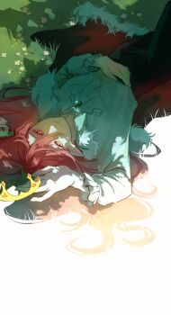 1boy absurdres androgynous animification ascot bishounen brooch cape chinese_commentary commentary_request crown dream_smp earrings fur-trimmed_cape fur_trim gold_crown grass hair_between_eyes highres humanization jewelry long_hair long_sleeves looking_at_viewer lying male_focus minecraft_youtube on_back outdoors pink_hair pointed_crown pointy_ears red_cape red_eyes shirt single_earring smile solo technoblade uwu9710530 white_ascot white_shirt