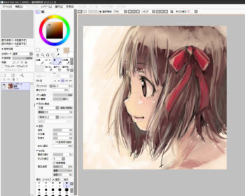 Rule 34 | 1girl, art program in frame, bow, brown eyes, brown hair, character request, closed mouth, collarbone, commentary request, eyelashes, from side, hair bow, happy, idolmaster, lips, looking ahead, painttool sai, painttool sai (medium), pointy nose, portrait, red bow, short hair, smile, solo, yae (mono110), yellow background
