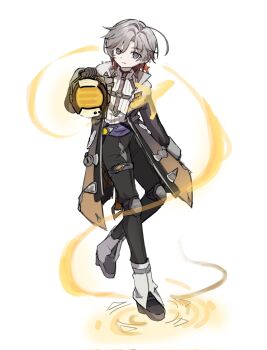 1boy aphoyyo6 black_gloves closed_mouth full_body fur_collar fur_trim genshin_impact gloves grey_hair highres holding holding_lantern illuga_(genshin_impact) lantern looking_at_viewer male_focus purple_eyes shirt short_hair solo turtleneck white_shirt