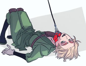 1boy animification belt_collar blonde_hair collar commentary_request dougi full_body green_dougi green_eyes green_pants haaa_om007ls knees_up korean_commentary leash leash_pull lloyd_garmadon long_sleeves looking_at_viewer lying male_focus nervous_smile ninjago on_back open_mouth pants red_collar short_hair simple_background smile solo sweat the_lego_group white_background