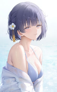 1girl absurdres bare_shoulders bikini blue_bikini blush breasts cleavage collarbone flower gakuen_idolmaster hair_flower hair_ornament half-closed_eyes halterneck hataya_misuzu hibimaru highres idolmaster jacket jacket_partially_removed light_smile looking_at_viewer medium_breasts mole mole_under_mouth open_clothes open_jacket outdoors short_hair solo swimsuit upper_body water_drop white_jacket