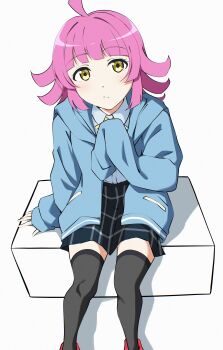 1girl :/ absurdres ahoge black_thighhighs blue_jacket blue_shirt blue_skirt blunt_bangs closed_mouth collared_shirt commentary dress_shirt expressionless feet_out_of_frame highres jacket kishimen_hair long_sleeves looking_at_viewer love_live! love_live!_nijigasaki_high_school_idol_club medium_hair miniskirt nijigasaki_school_uniform open_clothes open_jacket pink_hair plaid_clothes plaid_skirt pleated_skirt school_uniform shirt sidelocks skirt sleeves_past_fingers sleeves_past_wrists solo summer_uniform tennoji_rina thighhighs uchuu_no_mozuku yellow_eyes zettai_ryouiki