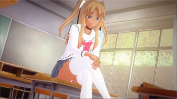 1girl 3d absurdres artist_request ass bare_shoulders blonde_hair blue_eyes breasts classroom crossed_legs dark-skinned_female dark_skin futaba_lili_ramses highres long_hair looking_at_viewer panties pink_panties simple_background small_breasts solo taimanin_(series) taimanin_rpgx tentacle_and_witches twintails underwear