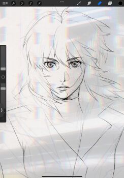 1girl aizheajsee coat cropped_shoulders ghost_in_the_shell ghost_in_the_shell:_stand_alone_complex greyscale highres kusanagi_motoko looking_at_viewer medium_hair monochrome procreate_(medium) procreate_(software) straight-on trench_coat user_interface