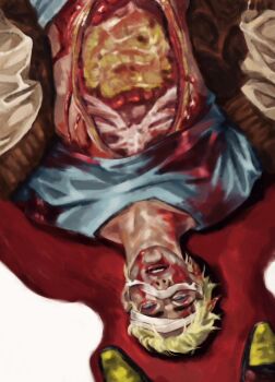 1boy bandaged_head bandages blonde_hair blood blood_on_clothes blood_on_face blue_shirt brown_jacket dieantwoord2580 exposed_gusset exposed_muscle feet green_eyes guro hotline_miami intestines jacket jacket_(hotline_miami) leather leather_jacket liver lying male_focus on_back on_ground organs parted_lips pov pov_legs ribs shirt short_hair solo_focus upper_body