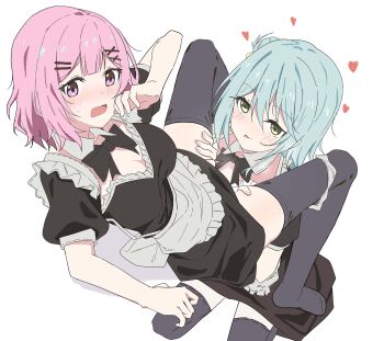 2girls amaori_renako apron aqua_hair black_bow black_bowtie black_dress bow bowtie breasts center-flap_bangs choppy_bangs closed_mouth commentary_request detached_collar double-parted_bangs dress grey_thighhighs hair_ornament hairclip heart highres imminent_cunnilingus koyanagi_kaho long_hair looking_at_another looking_to_the_side multiple_girls open_mouth panties panties_around_leg parallel_hairclips pink_eyes pink_hair short_hair short_sleeves soha_(sirohase) spread_legs thighhighs tongue tongue_out underwear watashi_ga_koibito_ni_nareru_wake_naijan_murimuri! wavy_mouth white_apron white_panties wing_collar x_hair_ornament yellow_eyes yuri