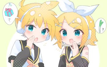 Rule 34 | 1boy, 1girl, :d, ?, ahoge, arm tattoo, black sailor collar, blonde hair, blue eyes, bow, commentary request, dated, detached sleeves, green background, hair between eyes, hair bow, hair ornament, hairclip, halftone, headphones, headset, kagamine len, kagamine rin, looking at viewer, mani (manidrawings), medium hair, motion lines, neckerchief, number tattoo, open mouth, parallel hairclips, sailor collar, shirt, short hair, short sleeves, sidelocks, simple background, sleeveless, sleeveless shirt, smile, speech bubble, spoken food, spoken gift, swept bangs, tattoo, two-tone background, upper body, vocaloid, whispering, white background, white bow, white shirt, yellow neckerchief