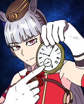 1girl absurdres animal_ears bare_shoulders blunt_bangs bow bowtie brown_hat closed_mouth commentary english_commentary gloves gold_ship_(umamusume) grey_hair hat highres horse_ears horse_girl long_hair looking_at_viewer meme pink_eyes portrait red_bow red_bowtie red_shirt shiraki_ken shirt sleeveless sleeveless_shirt solo star_(sky) starry_sky_background umamusume white_gloves white_rabbit_pointing_at_a_clock_(meme)