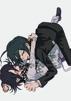 2boys ahoge all_fours arms_around_neck beluckylucky black_hair blush blush_stickers checkered_clothes checkered_scarf danganronpa_(series) danganronpa_v3:_killing_harmony embarrassed eyelashes flipped_hair hair_between_eyes hashtag-only_commentary highres jacket kneeling leg_up long_sleeves looking_at_viewer lying male_focus multiple_boys oma_kokichi on_back open_mouth pants purple_hair saihara_shuichi scarf short_hair simple_background smile sweat two-tone_scarf white_background yaoi