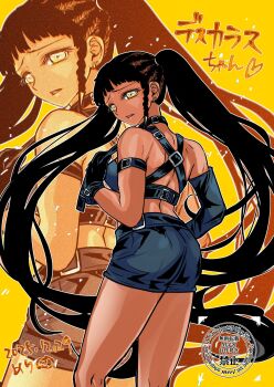 1girl bare_shoulders belt belt_collar black_collar black_hair black_shorts breasts collar crop_top dark-skinned_female dark_skin desscaras earrings elbow_gloves gloves highres holding jewelry long_hair looking_at_viewer madan_no_ichi midriff open_mouth short_shorts shorts solo twintails unanamikan very_dark_skin witch yellow_eyes