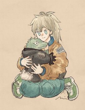 1boy 1girl aged_down animal_head bag black_gloves blonde_hair blue_eyes blue_jacket blue_pants brown_background caiman_(dorohedoro) clothes_writing cross cross_facial_mark dorohedoro dumpling eye_tattoo facial_mark food food-themed_bag gloves green_footwear green_shirt highres holding hood hooded_jacket hug jacket jiaozi light_smile lizardman long_hair looking_at_another looking_down multicolored_jacket needbee_r nikaidou_(dorohedoro) open_clothes open_jacket orange_jacket pants ponytail reptile_boy sharp_teeth shirt shoes simple_background sitting sitting_on_lap sitting_on_person sneakers spiked_hair spikes strap tattoo teeth two-tone_footwear two-tone_jacket wariza white_shoes zipper