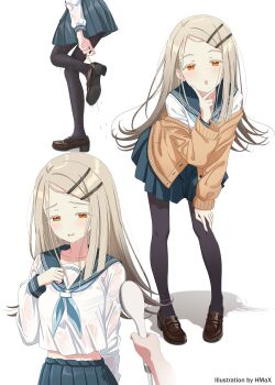 1girl absurdres adjusting_footwear black_pantyhose blonde_hair blush breasts cardigan commentary_request embarrassed full_body gakuen_idolmaster highres hmax idolmaster leaning_forward loafers long_hair looking_at_viewer multiple_views open_mouth orange_eyes pantyhose school_uniform serafuku shinosawa_hiro shirt shoes shower_head skirt small_breasts v water wet wet_clothes wet_shirt