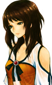 1girl breasts brown_hair clothing_cutout commentary_request expressionless fatal_frame fatal_frame:_maiden_of_black_water grey_eyes haruhito_(divineshalt) kozukata_yuuri long_hair looking_to_the_side shoulder_cutout simple_background small_breasts solo upper_body wet wet_clothes