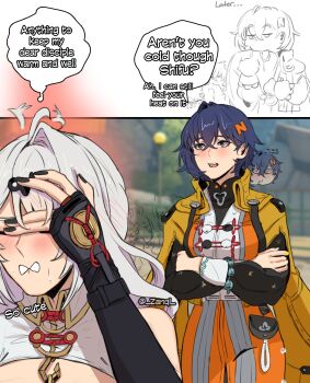 2girls absurdres ahoge ahoge_wag bare_shoulders belle_(delicate_sunlight)_(zenless_zone_zero) belle_(zenless_zone_zero) blue_hair blush borrowed_clothes chinese_clothes commentary english_commentary expressive_hair fingerless_gloves gloves green_eyes hair_ornament hairclip highres letter_hair_ornament long_hair multiple_girls official_alternate_costume single_fingerless_glove white_hair yixuan_(zenless_zone_zero) yuri zanqi zenless_zone_zero