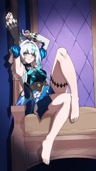 1girl absurdres armpits ascot asymmetrical_sleeves bare_legs barefoot black_sleeves blue_ascot blue_dress blue_eyes blue_hair blue_wings blush breasts bright_pupils brooch brown_corset cerydra_(honkai:_star_rail) closed_mouth clothing_cutout colored_tips corset crown cutout_below_navel detached_sleeves diamond_cutout dress feet full_body gold_ring hair_intakes highres honey_boba honkai:_star_rail honkai_(series) indoors jewelry juliet_sleeves kishimen_hair knees large_breasts legs long_hair long_sleeves looking_at_viewer low_wings middle_ring mini_crown mismatched_sleeves multicolored_hair multicolored_sleeves multiple_rings patterned_hair pointed_crown puff_and_slash_sleeves puffy_sleeves ring short_dress sitting sitting_on_throne sleeveless sleeveless_dress smile solo stretching thighlet throne thumb_ring toes turtleneck turtleneck_dress two-tone_hair underbust vignetting white_hair white_pupils white_sleeves wings