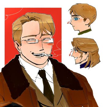 3boys america_(hetalia) arrow_(symbol) asymmetrical_bangs axis_powers_hetalia beard_stubble blank_stare blue_eyes blush_stickers bomber_jacket brown_jacket brown_necktie cigarette collared_shirt commentary cropped_head curtained_hair expressionless facial_hair forehead france_(hetalia) francepaprika furrowed_brow glasses grid_teeth grin hashtag-only_commentary highres jacket looking_ahead looking_at_viewer looking_to_the_side male_focus medium_hair mouth_hold multiple_boys narrowed_eyes necktie outline parted_bangs portrait profile rectangular_eyewear red_background shirt short_hair sideburns sideways_glance simple_background single_blush_sticker smile smoke smoke_trail smoking smug stubble thick_eyebrows united_kingdom_(hetalia) very_short_hair white_background white_outline white_shirt