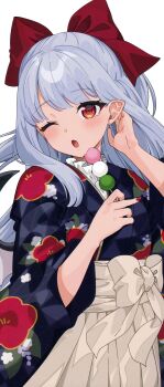 1girl ;o absurdres alternate_costume alternate_hair_length alternate_hairstyle bat_wings blue_hair blue_kimono bow dango floral_print floral_print_kimono food gotoh_(nekocat) grey_hakama hair_bow hakama hakama_skirt hand_in_own_hair highres holding holding_skewer japanese_clothes kimono long_hair long_sleeves nail_polish one_eye_closed open_mouth pointy_ears print_kimono red_bow red_eyes red_nails remilia_scarlet sanshoku_dango scan simple_background skewer skirt solo standing third-party_source touhou upper_body wagashi white_background wide_sleeves wings