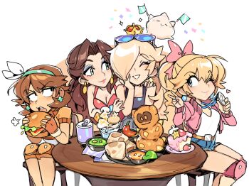 4girls almightychiru alternate_costume alternate_hairstyle bare_shoulders blonde_hair blue_eyes blush bow breasts brown_hair burger cake can chair character-themed_food cleavage closed_eyes commentary crown denim denim_shorts dress drink_can earrings english_commentary eyewear_on_head fire_flower food gloves hair_bow holding holding_burger holding_food jacket jewelry knee_pads long_hair long_sleeves luma_(mario) mario_(series) mario_kart mario_kart_world medal moo_moo_(mario) multiple_girls nintendo official_alternate_costume official_alternate_hairstyle open_clothes open_jacket open_mouth pauline_(mario) pink_bow pink_jacket pokey_(mario) ponytail princess_daisy princess_daisy_(touring) princess_peach princess_peach_(touring) red_dress rosalina short_hair shorts sitting soda soda_can soup sunglasses super_star_(mario) table tongue