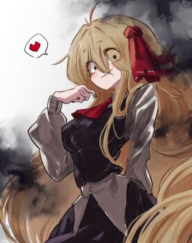 1girl alternate_hair_length alternate_hairstyle antenna_hair black_skirt black_vest blonde_hair collared_shirt darkness grin hair_between_eyes hair_ribbon heart highres long_hair long_sleeves red_eyes red_ribbon ribbon rumia sharp_teeth shirt skirt smile solo spoken_heart teeth touhou uisu_(noguchipint) vest white_shirt