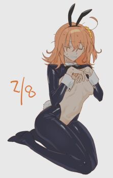 Rule 34 | 1girl, ahoge, animal ears, black shrug, blush, breasts, closed eyes, collared shrug, fake animal ears, fate/grand order, fate (series), frontless outfit, fujimaru ritsuka (female), hair ornament, hair scrunchie, highres, latex, latex legwear, latex shrug, medium breasts, medium hair, one side up, orange hair, rabbit ears, revealing clothes, reverse bunnysuit, reverse outfit, scrunchie, shrug (clothing), side ponytail, walk inari