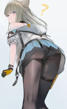 1girl ? arknights arknights:_endfield ass blue_eyes closed_mouth commentary_request from_behind gloves grey_hair head_wings highres jacket long_hair looking_at_viewer open_clothes open_jacket pantyhose perlica_(arknights) poki_(j0ch3fvj6nd) skirt thighhighs watch wings wristwatch