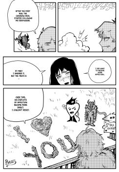 1girl artist_name beam_(chainsaw_man) black_hair blush chainsaw chainsaw_devil chainsaw_man cross_scar extra_arms facial_scar facing_to_the_side greyscale hair_between_eyes hetero highres horns husband_and_wife i_heart... intestine_clothing intestines long_hair looking_at_viewer monochrome no_eyes open_mouth ringed_eyes scar scar_on_cheek scar_on_face scar_on_nose simple_background victorbalgitt yoru_(chainsaw_man)