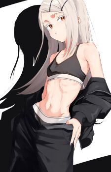 1girl bare_shoulders black_nails black_pants breasts commentary gakuen_idolmaster grey_hair highres hip_bones idolmaster isocha jacket long_hair looking_at_viewer navel off_shoulder open_clothes open_fly open_jacket orange_eyes pants parted_lips ribs shinosawa_hiro small_breasts solo sports_bra sports_panties stomach