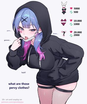 1girl black_hoodie blue_eyes blush breasts commentary english_text hair_ornament half-closed_eyes hand_up hatsune_miku highres hood hood_up hoodie large_breasts leaning_forward long_sleeves mask mouth_mask multicolored_hair paid_reward_available piercing pink_streaks purple_hair qiandaiyiyu rabbit_hole_(vocaloid) skindentation solo teardrop_facial_mark tongue tongue_out tongue_piercing twitter_strip_game two-tone_hair vocaloid white_background x_hair_ornament