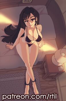 1girl anklet arm_support bed black_bra black_hair black_panties bra breasts brown_hair cleavage crossed_legs final_fantasy final_fantasy_vii final_fantasy_vii_remake from_above highres jewelry lamp large_breasts looking_up on_bed panties pillow rtil smile solo thick_thighs thighs tifa_lockhart underwear variant_set