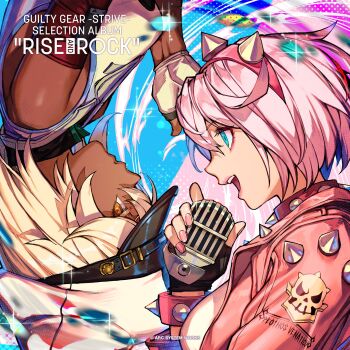 2girls :d album_cover aqua_eyes bare_shoulders black_gloves blonde_hair bob_cut brown_eyes commentary_request company_name copyright_name copyright_notice cover dark-skinned_female dark_skin elphelt_valentine fingerless_gloves from_side gloves guilty_gear guilty_gear_strive hairband hat highres holding holding_microphone hungry_clicker jacket looking_ahead looking_at_viewer medium_hair microphone multiple_girls official_art open_mouth parted_lips pink_hairband pink_jacket pink_nails ramlethal_valentine rotational_symmetry second-party_source short_hair siblings sisters smile spiked_hairband spikes teeth upper_teeth_only white_gloves white_hair white_hat