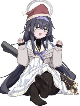 1girl absurdres bags_under_eyes black_hair black_pantyhose blue_archive brown_halo cardigan collar crossed_bangs de_lisle_carbine feet feet_up fur-trimmed_headwear fur_trim grey_cardigan gun hairband halo hat highres jewelry kilabo long_hair long_sidelocks neckerchief necklace no_shoes open_cardigan open_clothes open_mouth pantyhose purple_eyes purple_hairband purple_neckerchief red_hat rifle sailor_collar santa_hat school_uniform serafuku sidelocks simple_background sitting skirt soles toes ui_(blue_archive) weapon white_background white_sailor_collar white_serafuku white_skirt