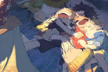 4boys aged_down bandages black_hair blonde_hair blush child closed_eyes commentary freckles hat highres hug indoors lying map monkey_d._garp monkey_d._luffy multiple_boys on_back one_piece open_mouth portgas_d._ace sabo_(one_piece) sandals short_hair shorts siyangou49 sleeping straw_hat