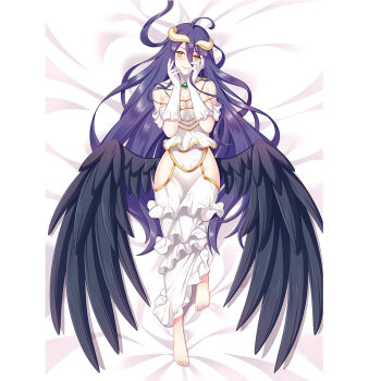 1girl ahoge albedo_(overlord) barefoot breasts cleavage clothing_cutout commentary_request dakimakura_(medium) dress erspace feathered_wings gloves hip_vent horns long_hair low_wings lying on_back overlord_(maruyama) purple_hair smile solo white_dress white_gloves wings yellow_eyes