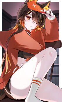 1girl absurdres alternate_costume animal_ear_fluff animal_ears black_nails black_shorts black_tank_top blush breasts brown_fur brown_hair chair closed_mouth crop_top dolphin_shorts fingernails hair_between_eyes hair_over_one_eye highres hitotugi_01 hood hood_down hooded_jacket indie_virtual_youtuber jacket large_breasts long_fingernails long_hair looking_at_viewer micro_shorts multicolored_hair on_chair open_clothes open_jacket orange_eyes orange_hair orange_jacket sharp_fingernails shorts sinder_(vtuber) sinder_(vtuber)_(pyro_pajamas) sleep_mask socks solo streaked_hair tail tank_top thick_thighs thighs virtual_youtuber white_socks wolf_ears wolf_girl wolf_tail