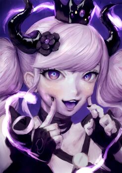1girl absurdres black_choker black_crown black_flower black_gloves black_horns black_nails choker colored_tongue commentary_request criss-cross_halter crown demon_girl dimple fingerless_gloves flower frilled_straps gem gloves glowing_motes hair_flower hair_ornament halterneck hand_on_own_cheek hand_on_own_face hands_up hatena_(nazequestion) highres horns master_detective_archives:_rain_code pale_skin portrait purple_background purple_eyes purple_gem purple_hair purple_tongue sanpaku shinigami_(rain_code) smile solo swept_bangs teeth tongue twintails upper_teeth_only