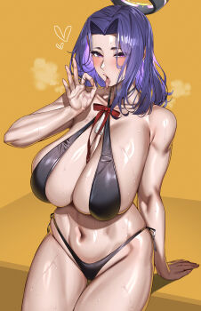 1girl arm_support bare_shoulders bikini black_bikini blush bow bowtie breasts cleavage commentary_request curtained_hair desk fellatio_gesture halo halterneck heart heavy_breathing highres huge_breasts kantai_collection kome_cola leaning_back long_hair looking_at_viewer mechanical_halo navel ok_sign open_mouth purple_eyes purple_hair red_bow red_bowtie simple_background solo sweat swimsuit tatsuta_(kancolle) tongue tongue_out very_sweaty yellow_background