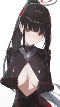 1girl absurdres black_bodysuit black_hair black_halo blue_archive blunt_bangs blurry blush bodysuit breasts cleavage commentary depth_of_field full_body halo high_ponytail highres ki-16 large_breasts long_hair looking_at_viewer official_alternate_costume ponytail red_eyes red_halo ringed_eyes rio_(armed)_(blue_archive) rio_(blue_archive) simple_background solo sweat white_background