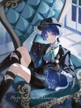 1boy 1other animal black_boots black_gloves blue_eyes blue_hair boots cat chair genshin_impact gloves hand_on_headwear happy_birthday hat highres on_chair scaramouche_(cat)_(genshin_impact) scaramouche_(genshin_impact) shorts sitting teeth w02_14 wanderer_(genshin_fes_2026)_(genshin_impact) wanderer_(genshin_impact) window