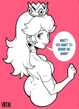 1girl artist_name ass breasts come_hither english_text from_above gloves highres large_breasts lipstick long_hair makeup mario_(series) monochrome nintendo nude princess_peach seductive_smile smile solo source_request yatagarasupen