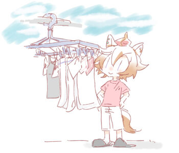 Rule 34 | 1girl, animal ears, beer hsk, black slippers, blue eyes, brown hair, chibi, closed mouth, clothes pin, commentary request, crown, day, hair between eyes, hands on own hips, horse ears, horse girl, horse tail, mini crown, outdoors, pants, pink shirt, shirt, short sleeves, slippers, smile, solo, standing, t.m. opera o (umamusume), tail, umamusume, white pants, | |