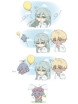 1boy 1girl alien_stage animalization balloon black_fur blonde_hair blue_sky bow bowtie carrot choker cloud commentary dark-skinned_male dark_skin flower green_eyes grey_hair half_updo hashtag-only_commentary head_wreath holding holding_carrot ivan_(alien_stage) long_hair morouzura propeller purple_eyes rabbit red_bow red_bowtie red_flower shirt short_hair sky very_short_hair white_choker white_shirt