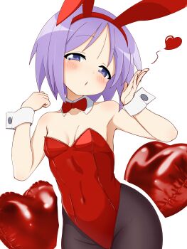 1girl absurdres animal_ears balloon black_pantyhose blowing_kiss blue_eyes bow bowtie breasts clenched_hand collar covered_navel cowboy_shot detached_collar fake_animal_ears hairband half-closed_eyes heart heart_balloon highres hiiragi_tsukasa leotard loli lucky_star meisoochuu pantyhose parted_lips playboy_bunny purple_hair rabbit_ears red_bow red_bowtie red_hairband red_leotard short_hair sidelocks simple_background small_breasts solo white_background white_collar white_wrist_cuffs wrist_cuffs