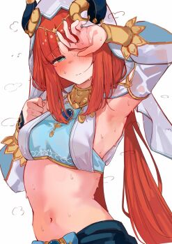 1girl armpits blush fake_horns folia_leaf genshin_impact highres horns jewelry long_hair navel nilou_(genshin_impact) red_hair solo sweat